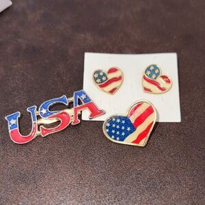 Patriotic Vintage Jewelry Set - USA Flag Heart Earrings & Pins + Avon Box